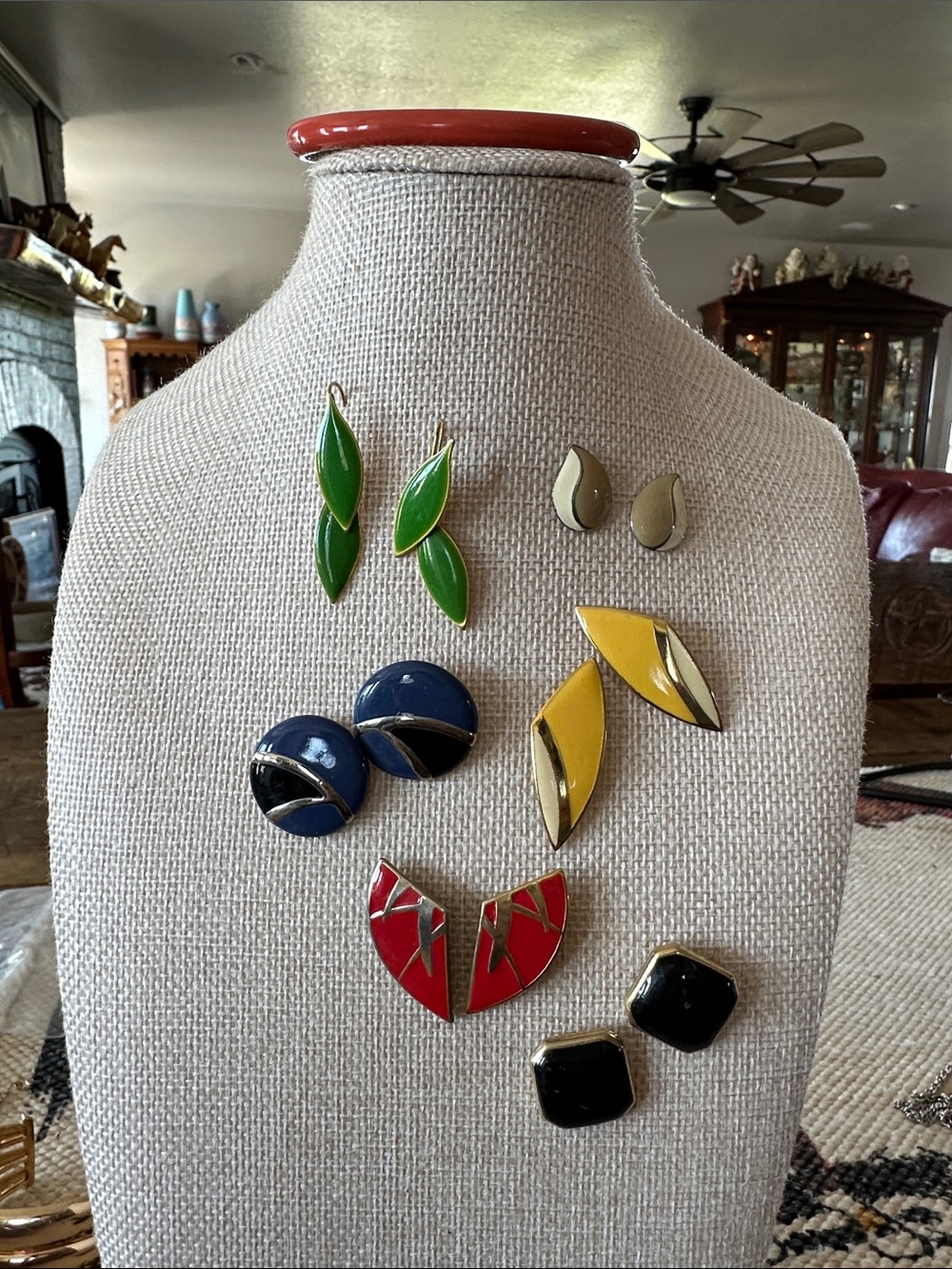 Vintage Assorted Enamel Pierced Earring Set Green,Blue,Yellow,Red,Black,Taupe